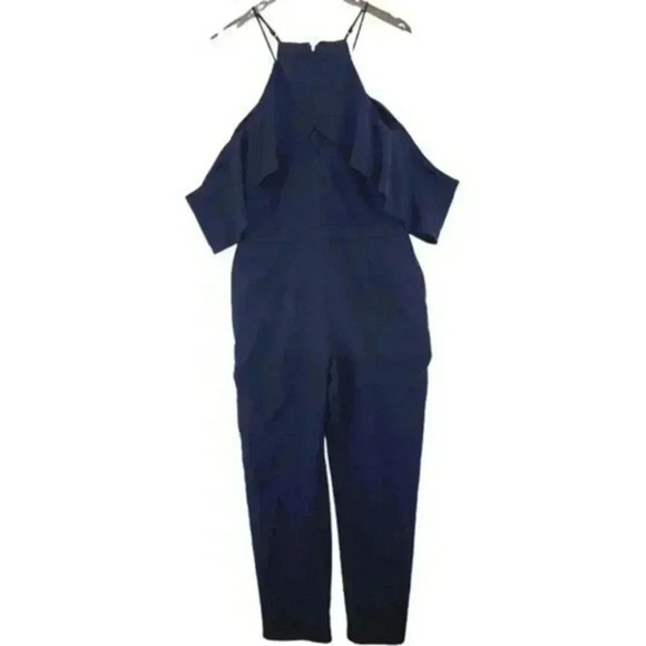 Adelyn rae‎ Cold shoulder navy Blue jumpsuit Size L Ruffle sleeve Front Keyhole - Picture 3 of 11